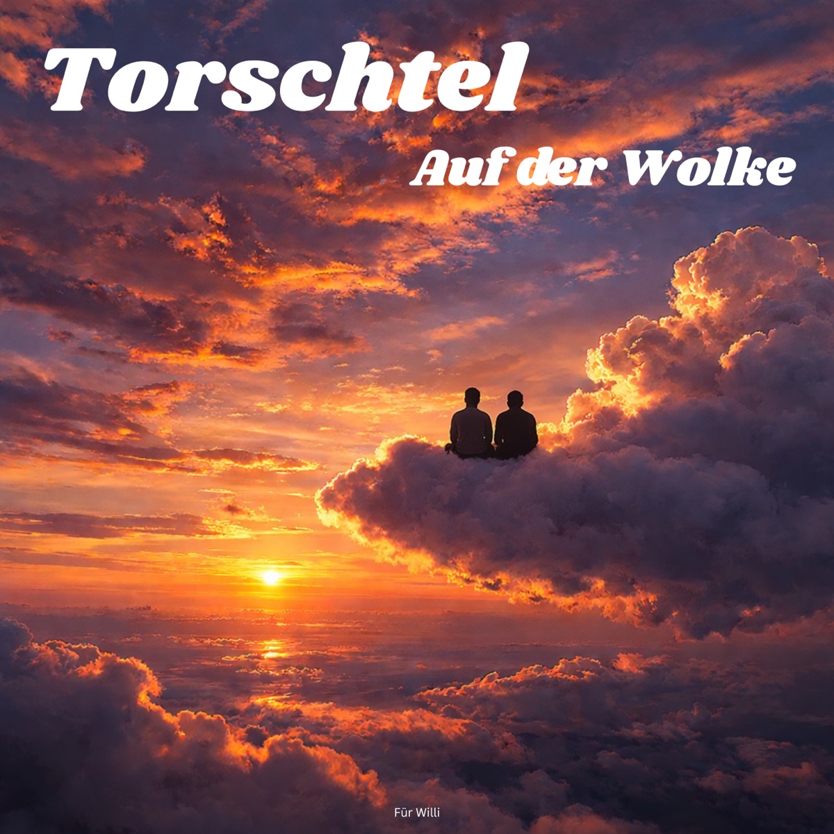 Zwei Gestalten sitzen auf einer Wolke und schauen in den Sonnenuntergang
